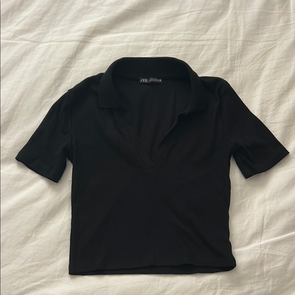 Zara Black Fitted Crop Button Down Shirt